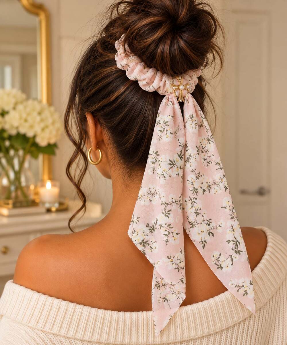 Cottagecore Pink Floral Scarf Scrunchie Gold Cross Romantic Hair Accessory
